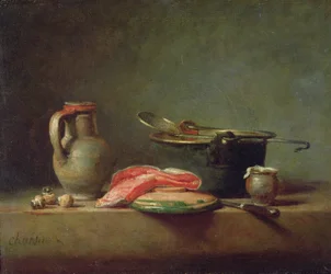 Chaudron en cuivre avec un pichet et une tranche de saumon